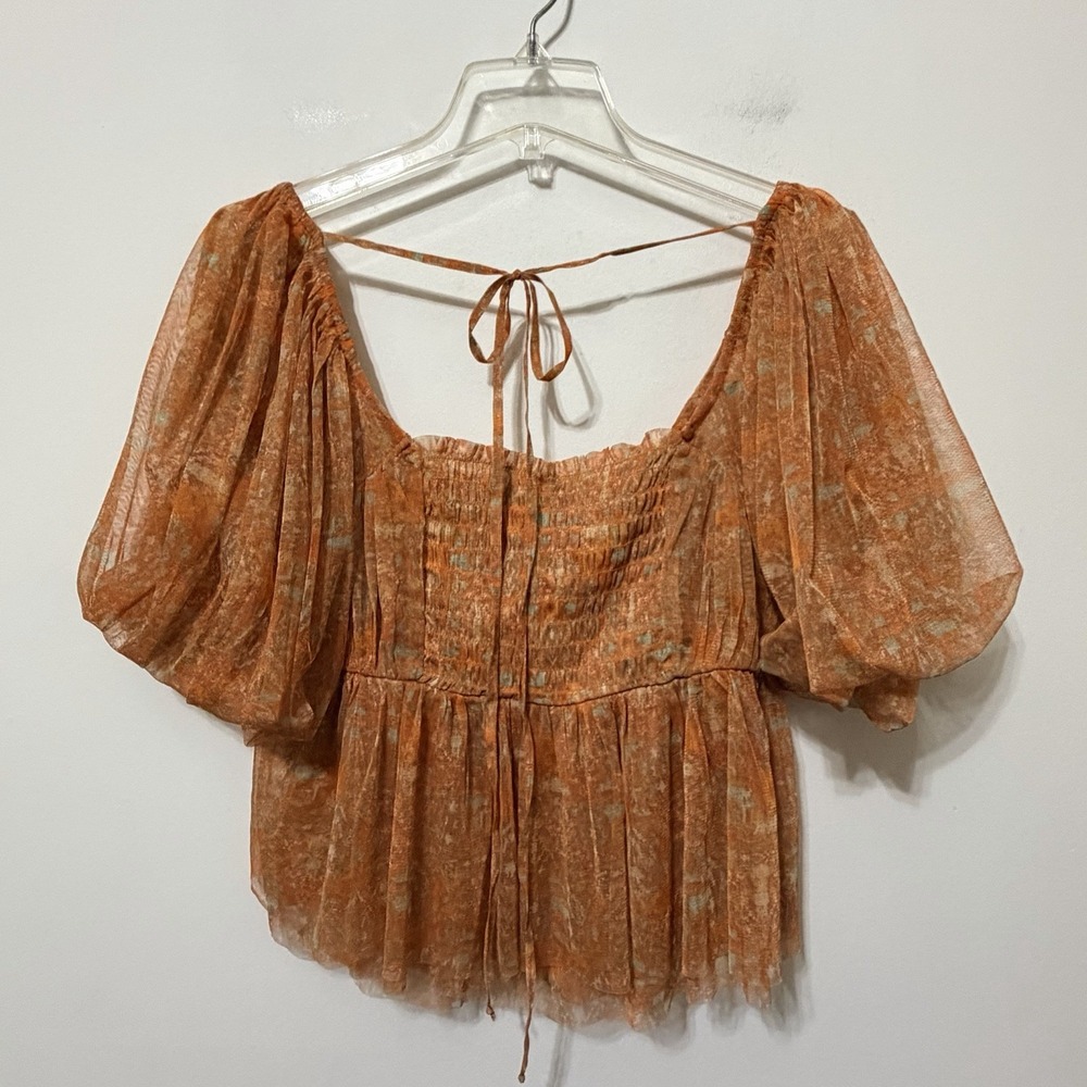 Free People Top XL Penelope Printed Smocked Peplum Top Orange Chiffon Summer NEW - Picture 9 of 10